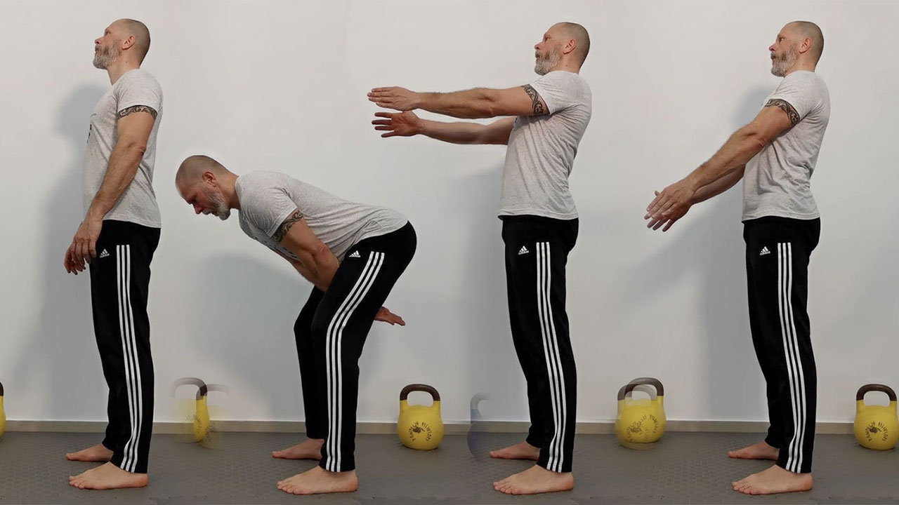 Hip hinge drill for kettlebell swing preparation